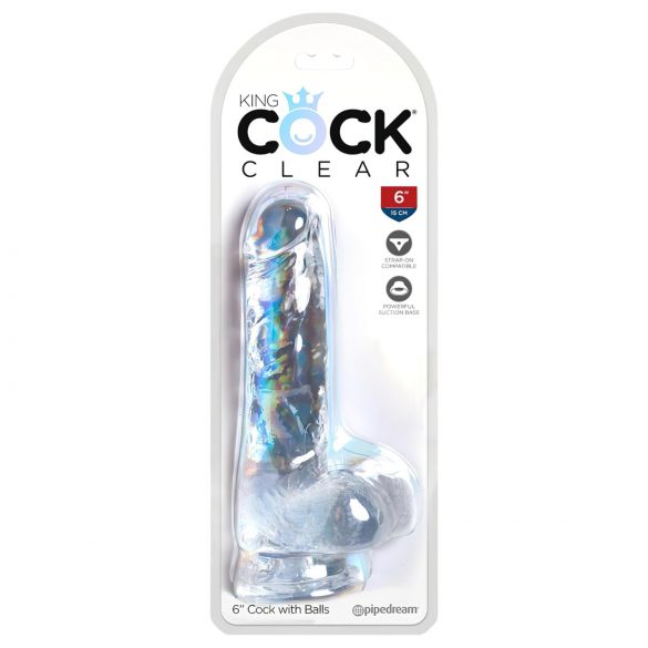 King Cock Clear 6 - sugande dildo med sugfot och pung (15 cm)