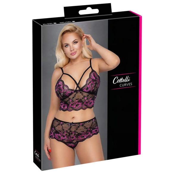 Cottelli Plus Size - Blommigt Bh-set (svart-lila)