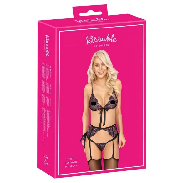 Kissable - svart bh-set med rosa-lila broderi