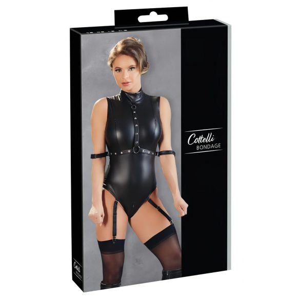 Cottelli Bondage - ärmlös glänsande body med handledsremmar (svart) - XL