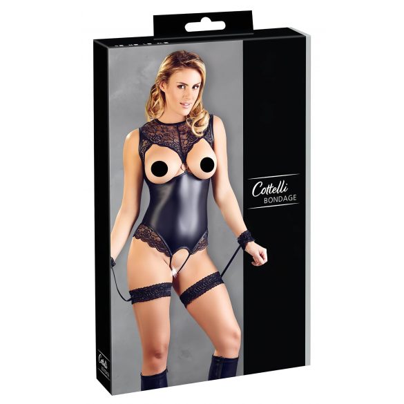 Cottelli Bondage - Glänsande öppen body med handbojor (svart) - XL