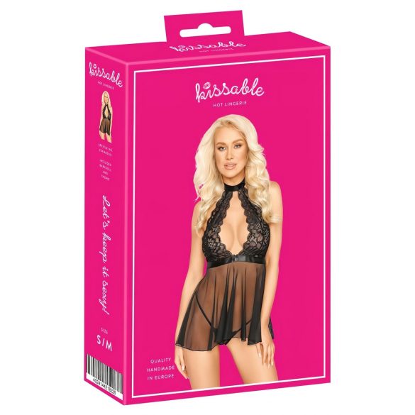 Kyssbara spets-babydoll med nackband (svart) - L/XL